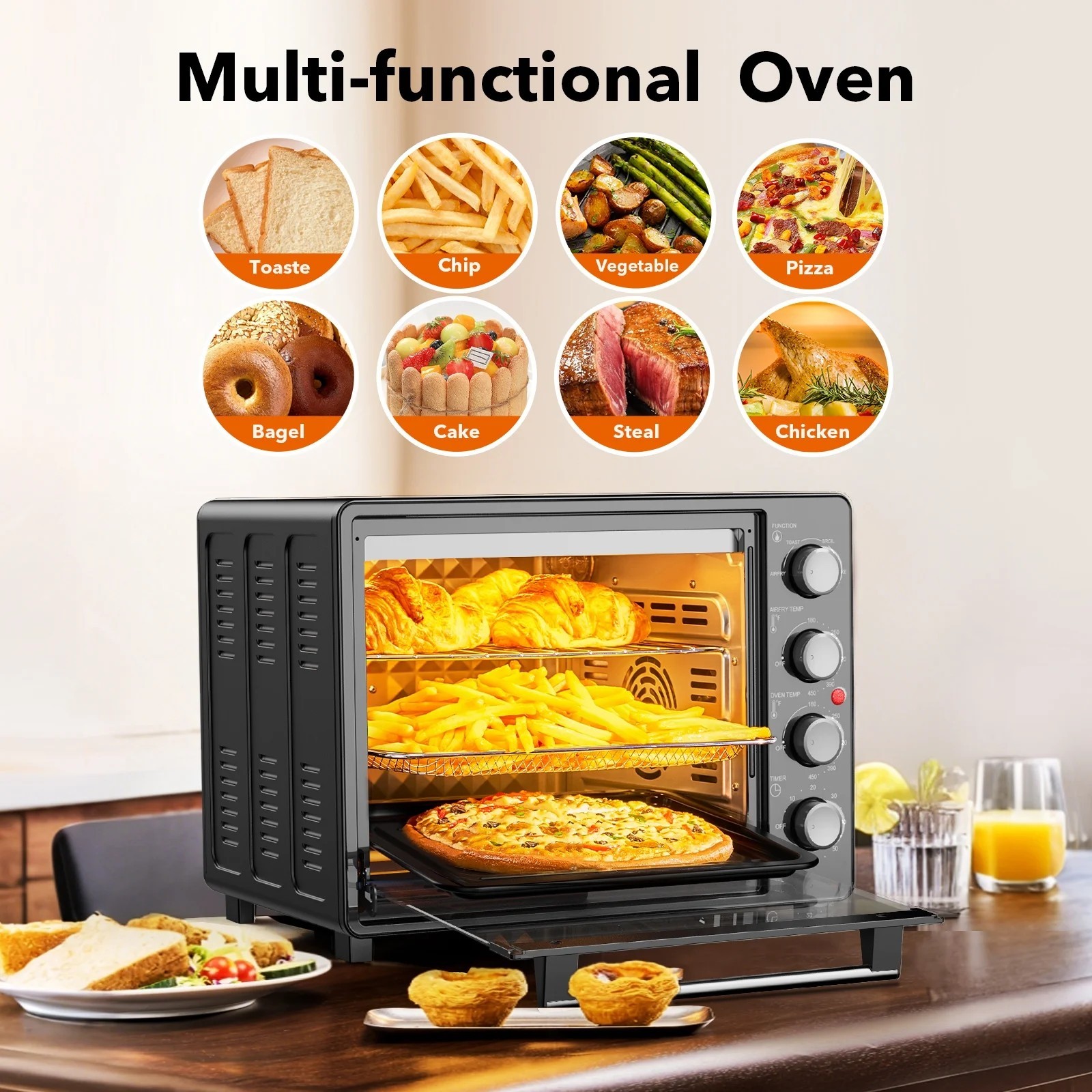 34QT Air Fryer Toaster Oven Combo Extra Large Countertop Cooker 1500W Oil-Less