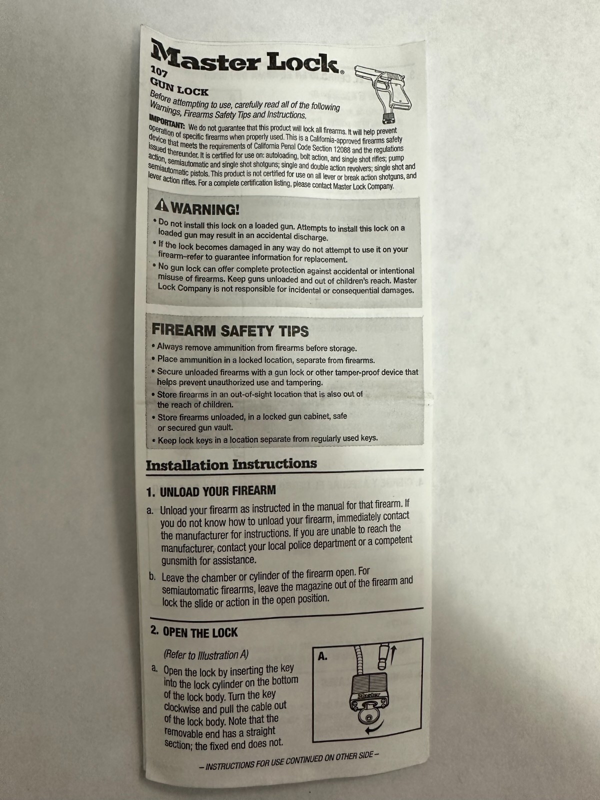 Master Lock Cable Gun Lock & 2 Keys (107 Gun Lock)