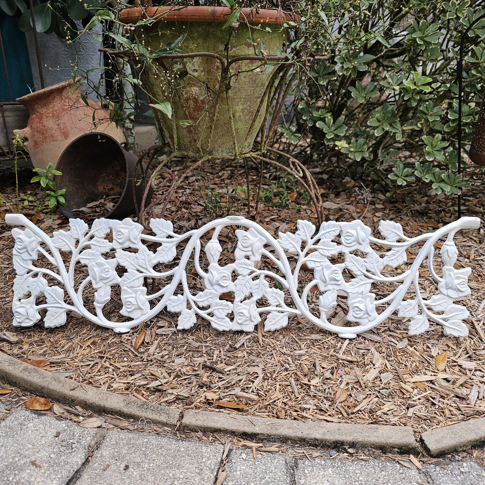 Vintage cast metal garden trellis wall decor pediment onlay