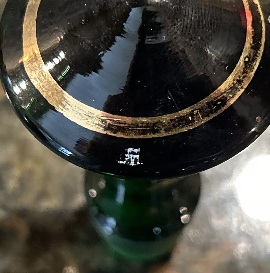 Borske Sklo Gold Banded Green Glass Decanter Mid Century Genie Jeannie Bottle