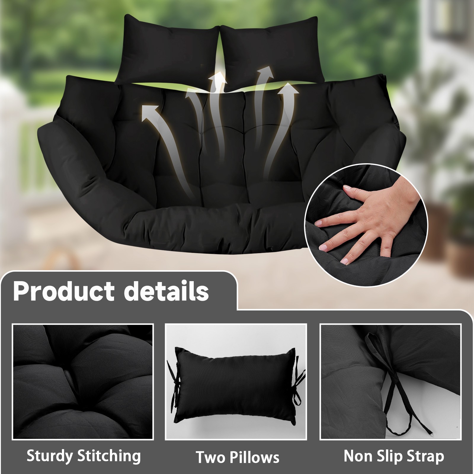 Double Egg Chair Seat Cushion w/ Pillows Waterproof Basket Chair Replacement Pad