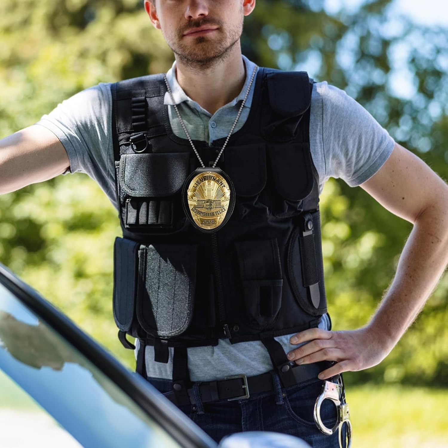 Police Badge Holder, Cowhide Law Enforcement Badge Holder with Metal Belt Clip