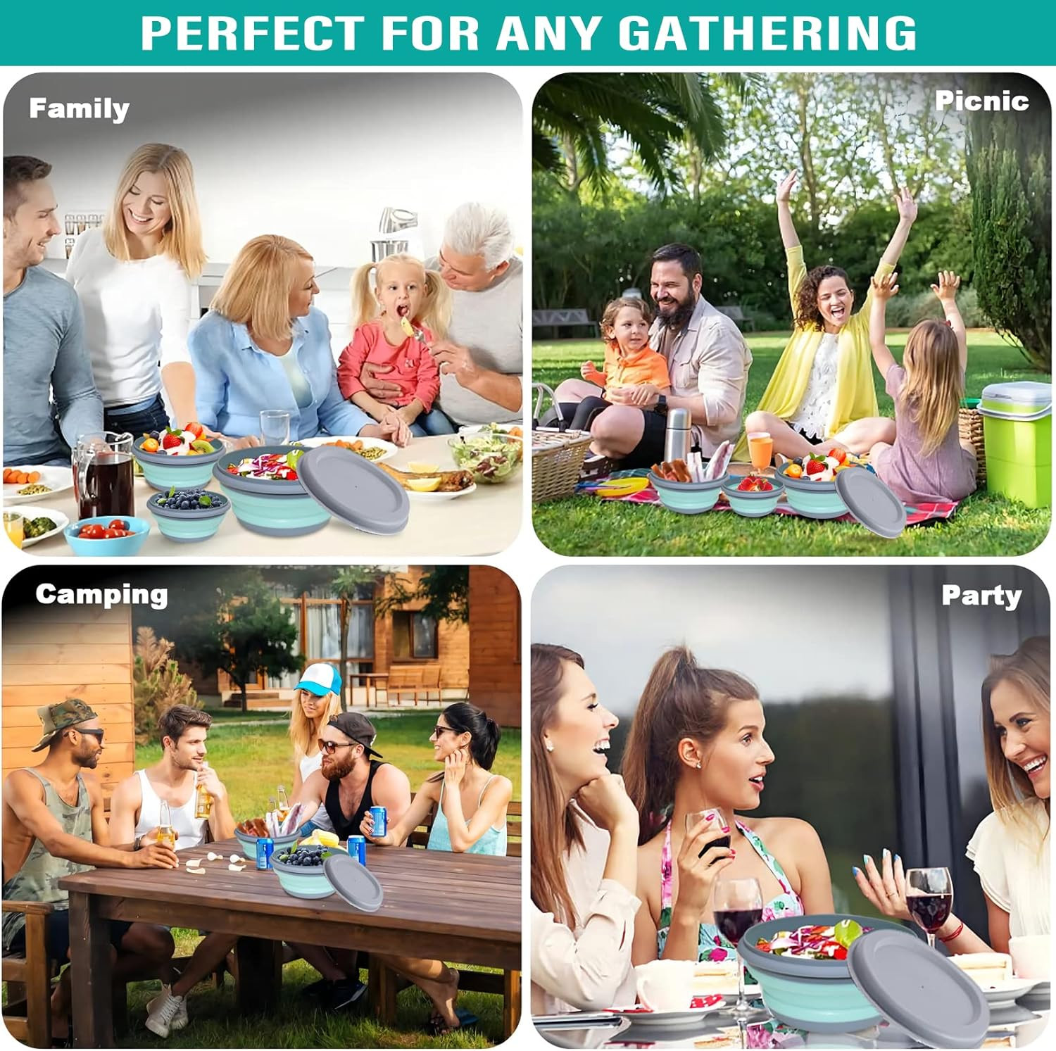 Collapsible Bowls, 3Pcs Food Grade Silicone Camping Bowl Salad Bowl with Lids, P