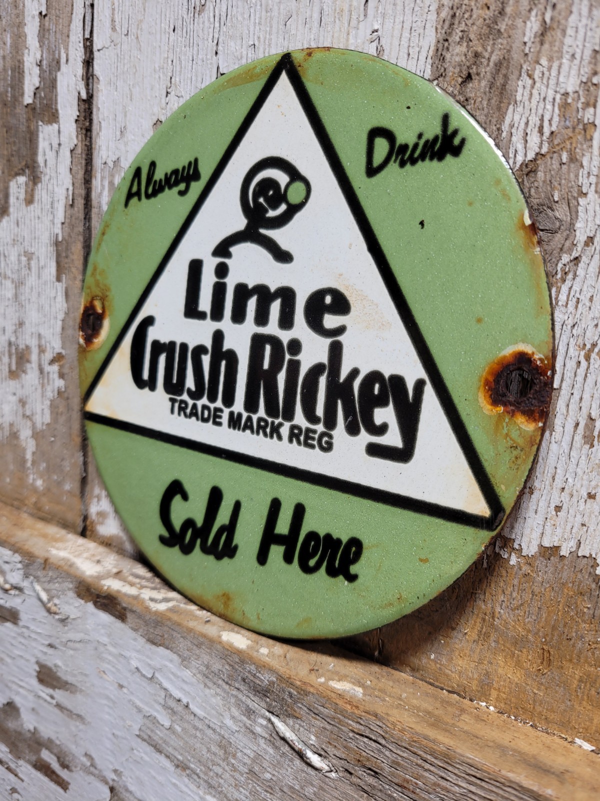 VINTAGE CRUSH PORCELAIN SIGN OLD LIME RICKEY SODA COLA POP BEVERAGE SOLD HERE