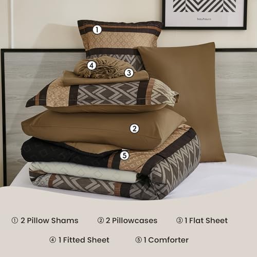 Comforter Set Size,Boho Striped Bed in a Bag,7 Piece Plaid Queen Brown