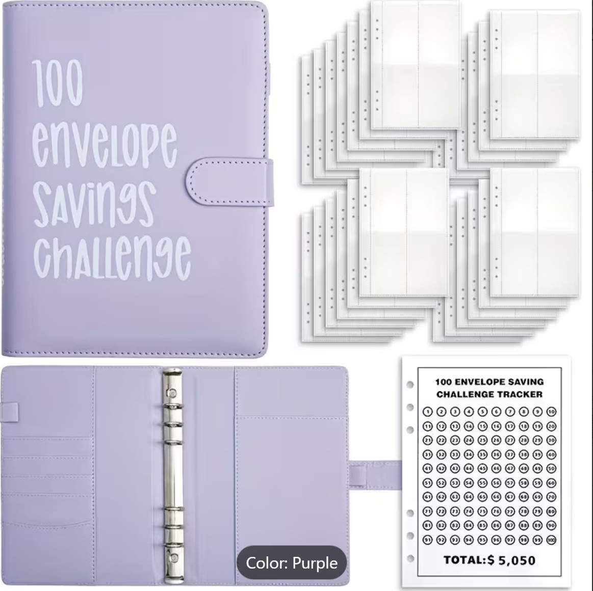 Random color- 100 Envelope Savings Challenge Book with Envelopes, Budget Planner