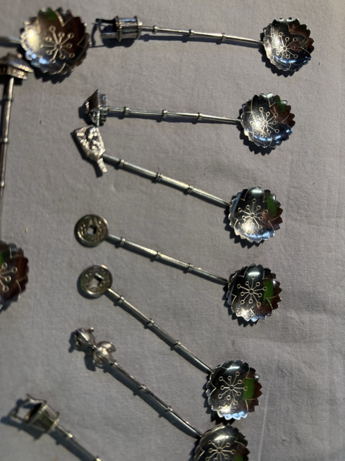 Sterling Silver 950 Demitasse Spoons Figural Motifs Japan Set of 12. Vintage