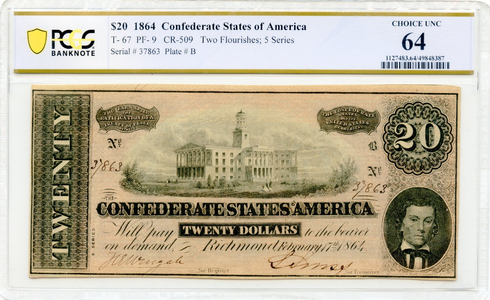 1864 $20 Confederate States of America T-67 w/ Consecutive Serial PCGS AU55-64
