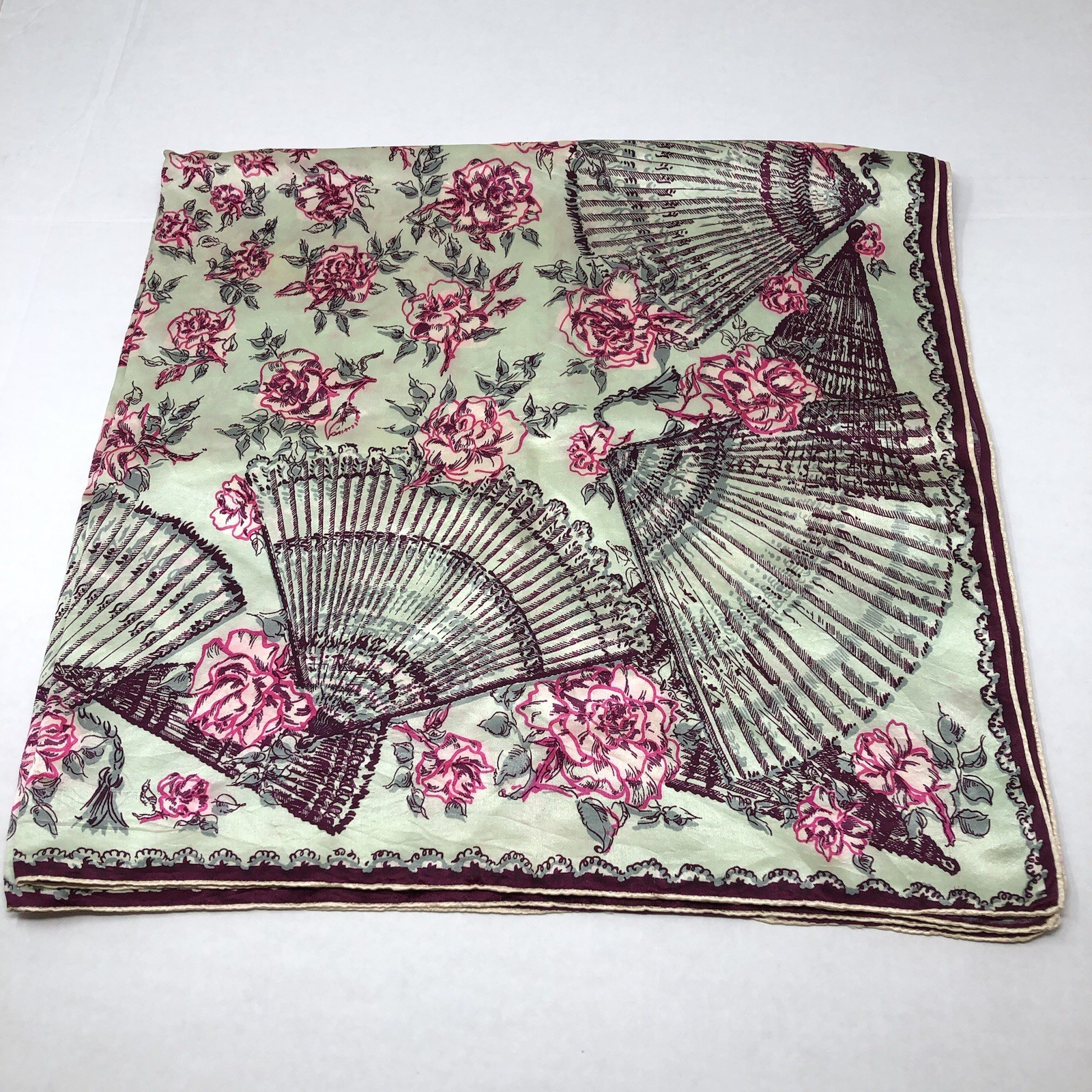 Vintage Silk Scarf Fans Flowers Satin Hand Rolled Green Pink Roses Square 33"
