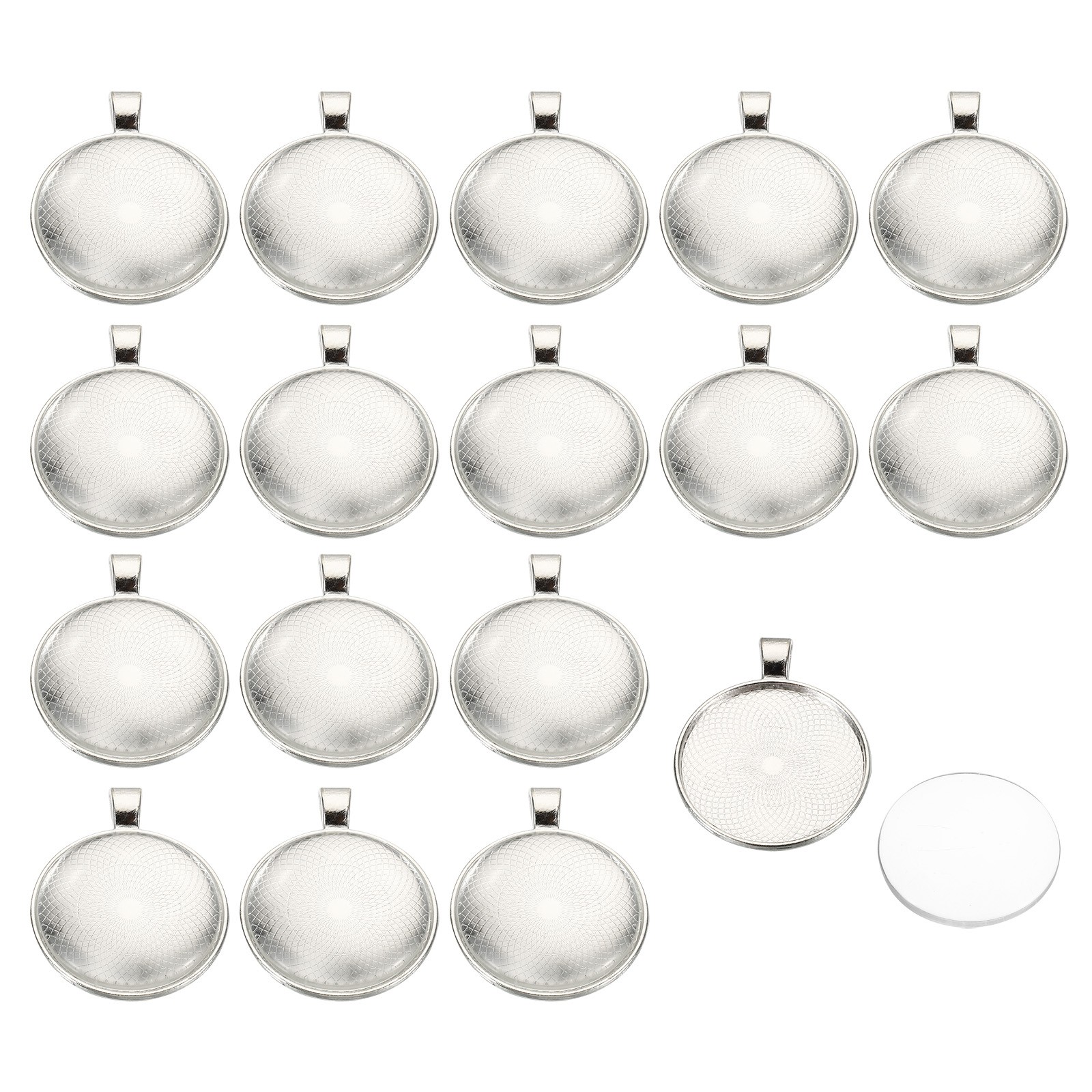 30 Sets Pendant Trays with Glass Cabochons 30mm Round Bezel Trays Silver White