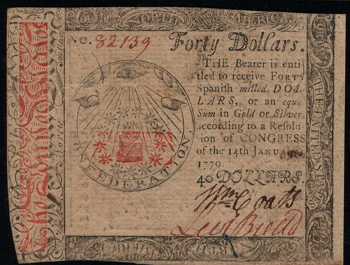 CC-95 All Seeing Eye PCGS AU50 PPQ $40 1779 Continental Colonial Currency