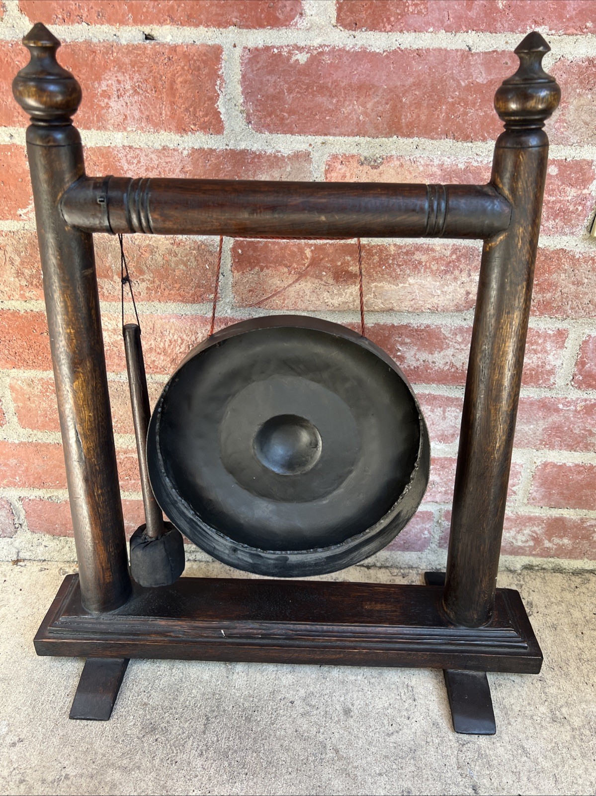 Vintage Thai-Style Temple Gong on Wood Stand 22” w/ Mallet Buddhism Decor