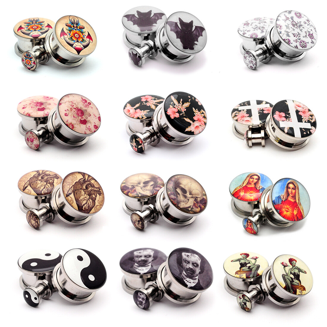 Pair of Screw on Picture Plugs gauges Choose Style and Size 16g thru 1 inch