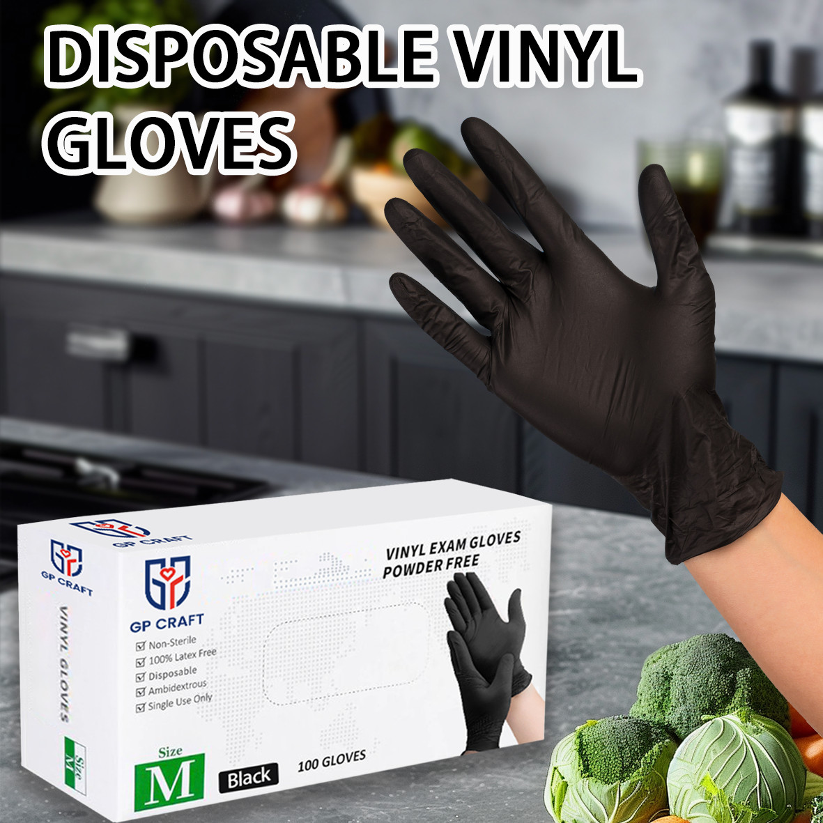 Black Vinyl Gloves Food Grade Gloves Disposable Latex Free & Powder Free, 100PCS