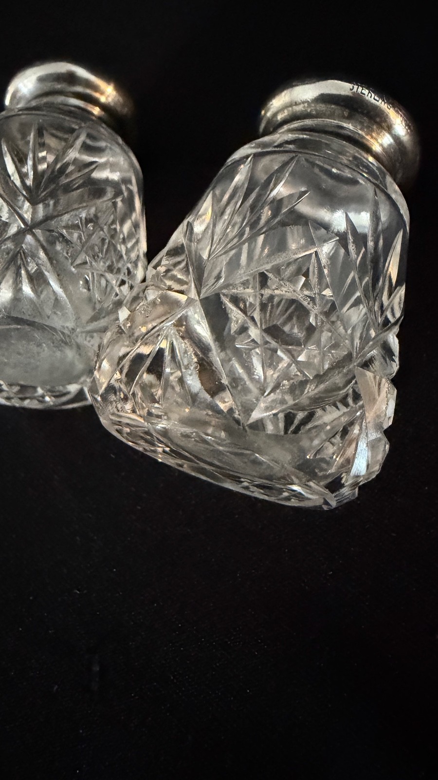Antique American Brillant Cut Crystal Salt & Pepper Shakers Sterling Lids