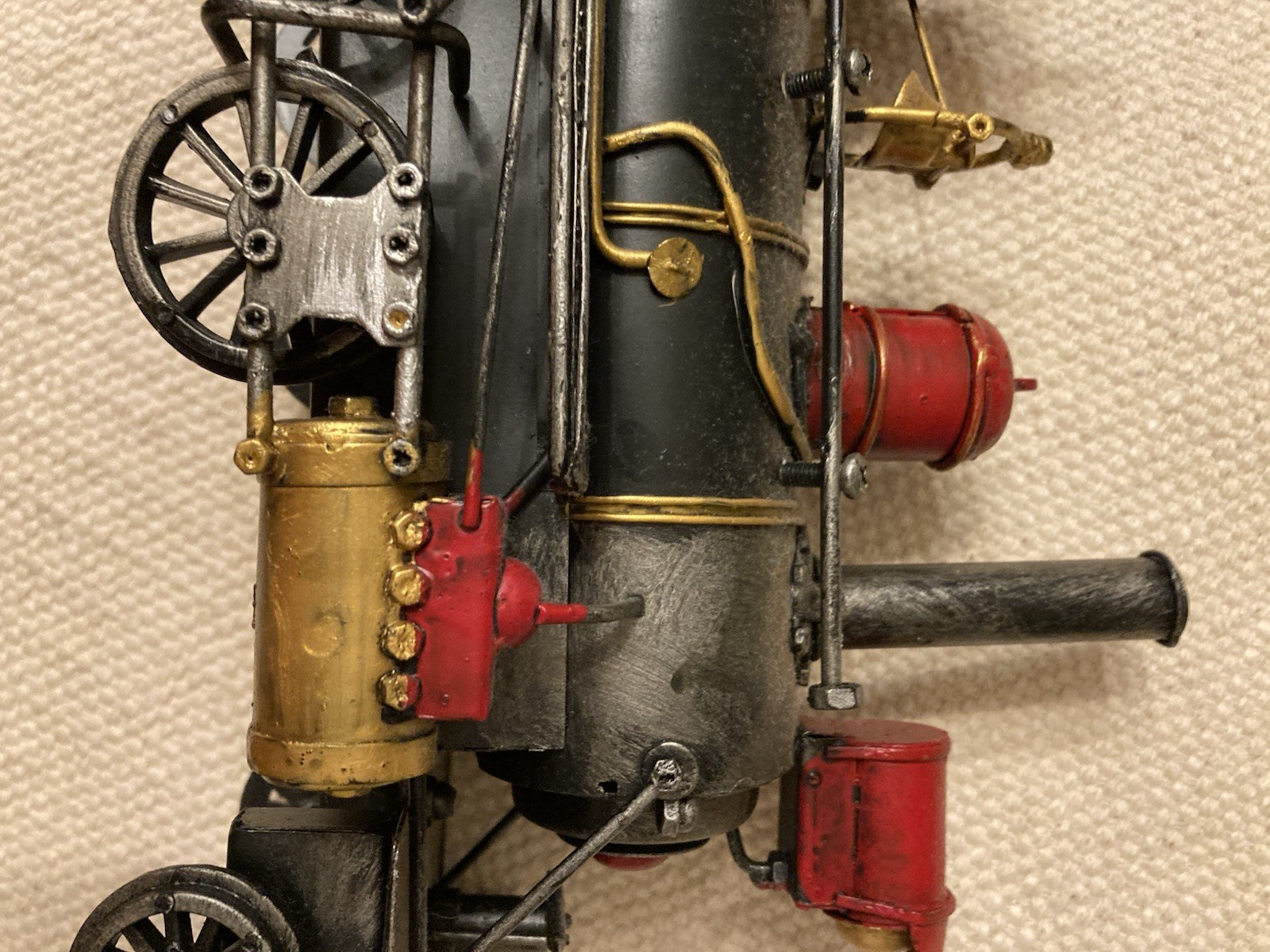 Vtg Decorative Metal Steam Locomotive Model Train Engine Red Black Gold On Base