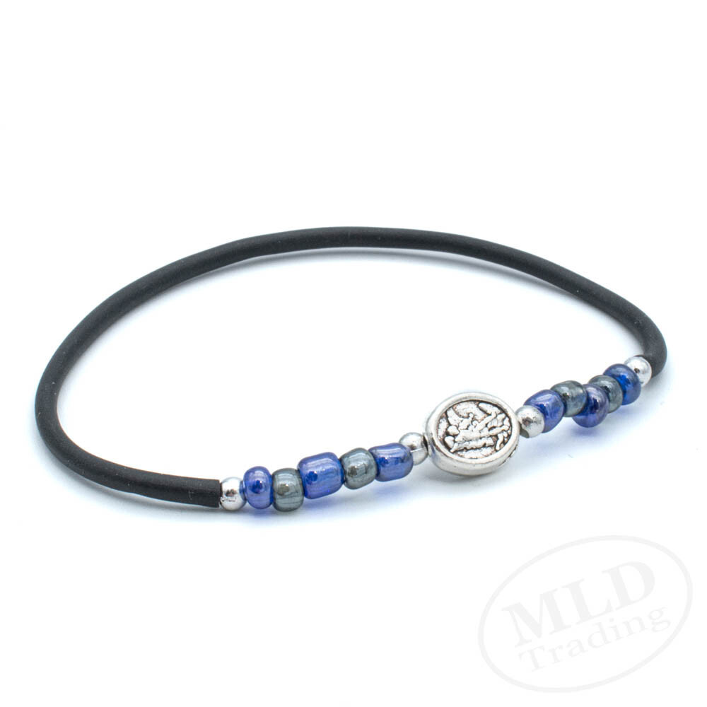 Saint St. Michael Guardian Angel Stretch Rosary Bracelet w Blue Glass Beads