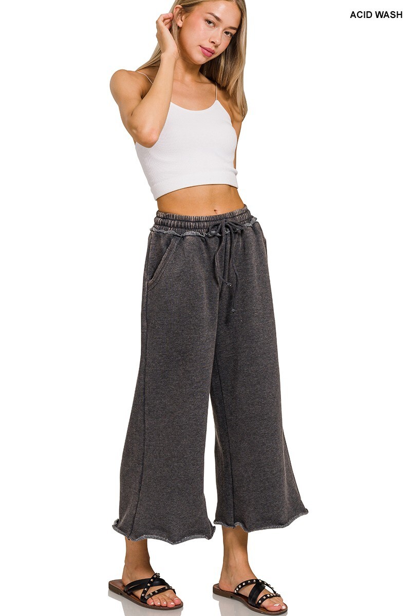 Ash Black Zenana Palazzo Acid Wash Crop Sweatpants w/ Pockets Stretch Waist