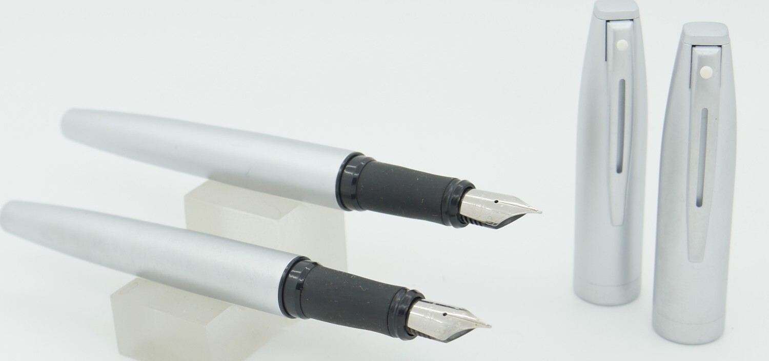 2 Sheaffer Javelin Metal Fountain Pens -Silver -Fine Nib - MINT, NEW - 2004