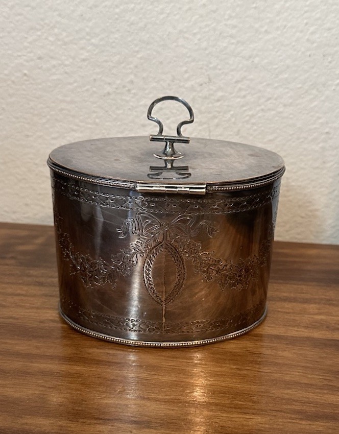 Antique English Silverplate Tea Box Caddy w Lock - Engraved Floral Swag Motif
