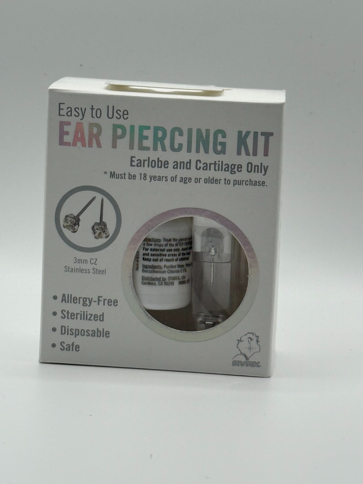 STUDEX EAR PIERCING KIT EARLOBE AND CARTILAGE ONLY 3MM WHITE CZ STAINLESS STEEL