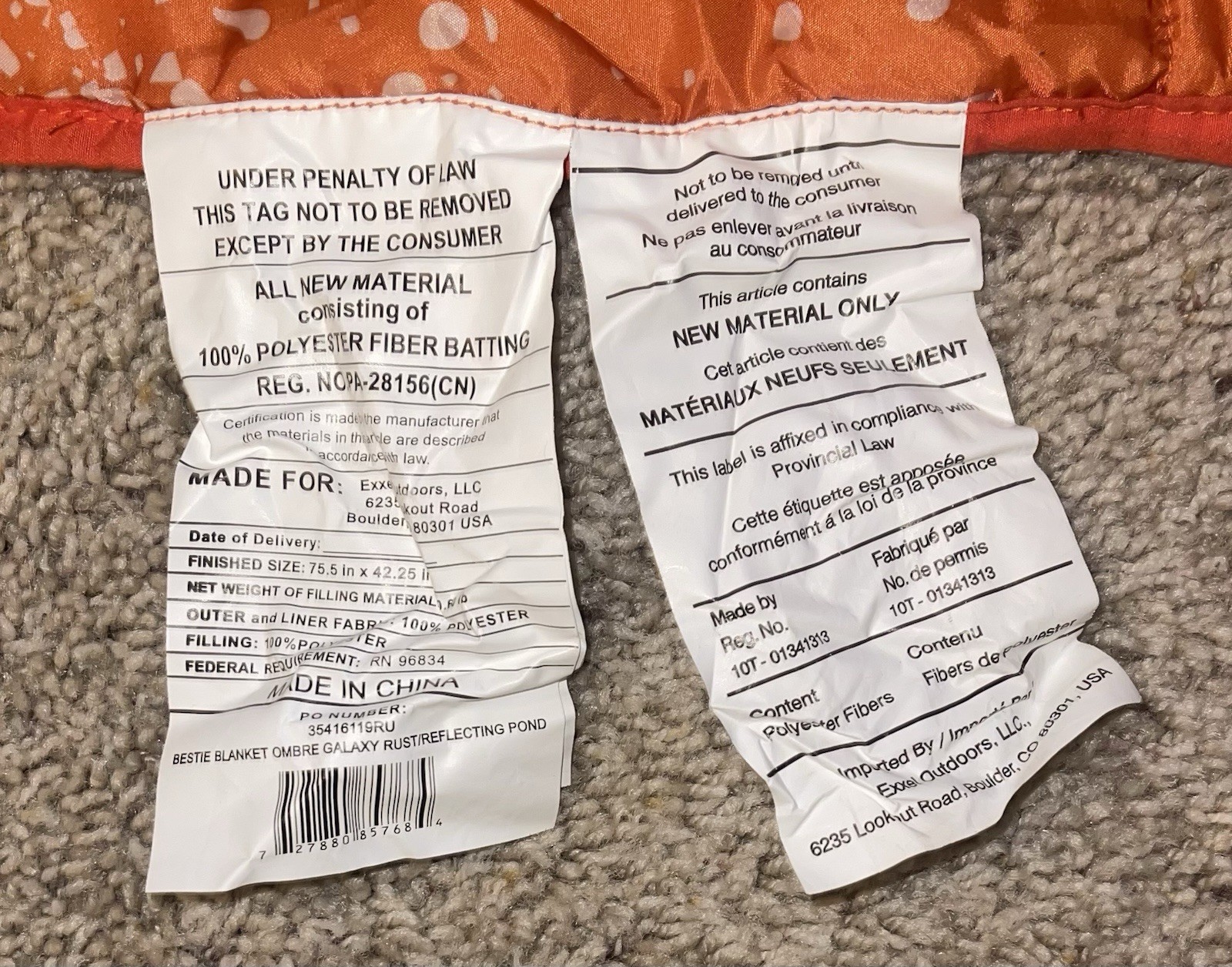 Kelty Bestie Camping Sleeping Blanket 75" X 42"