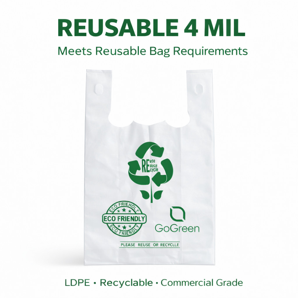 White 4 Mil Reusable Grocery T-Shirt Bags 1/6 21x6.5x11.5 Heavy Duty