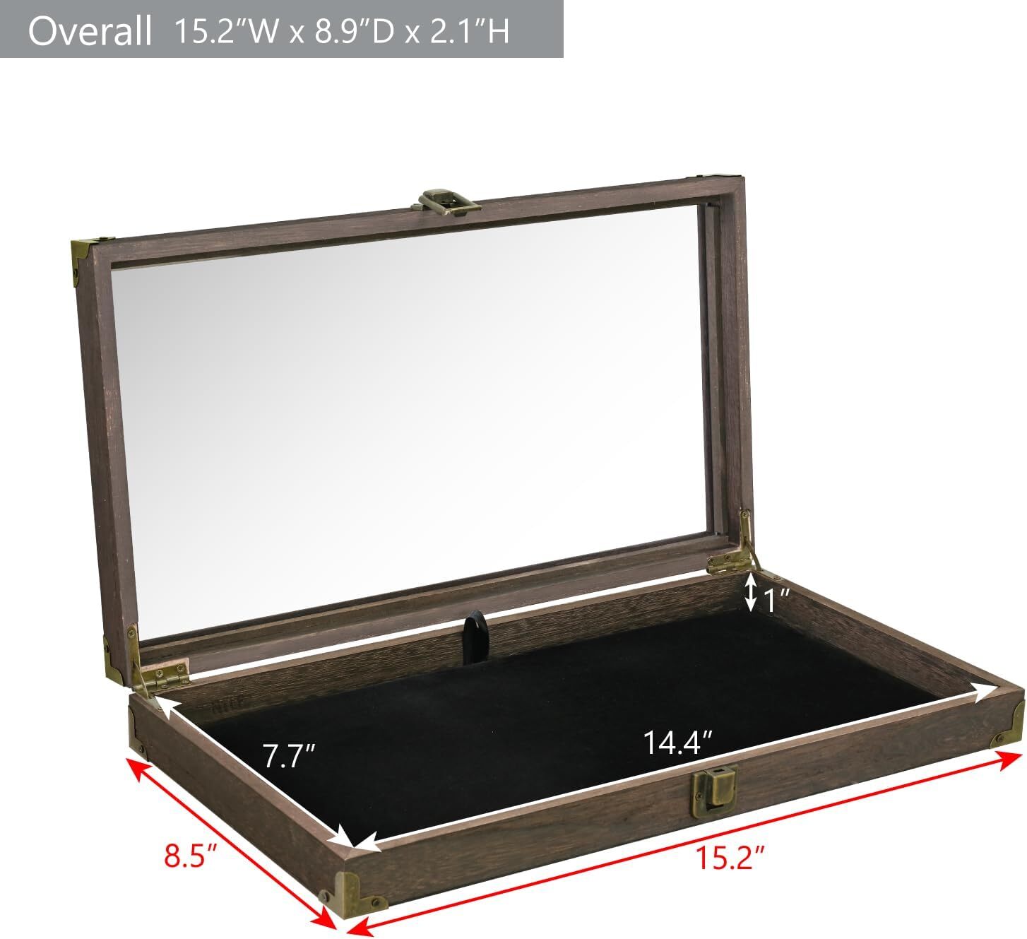 Wooden knife display case, tempered glass, black velvet mat, metal hinges, brown