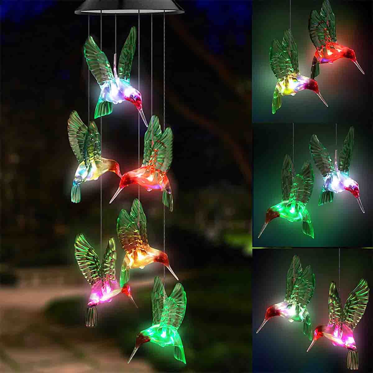 Hummingbird Wind Chime Color-Changing Solar Powered LED Lights Yard Garden Decor