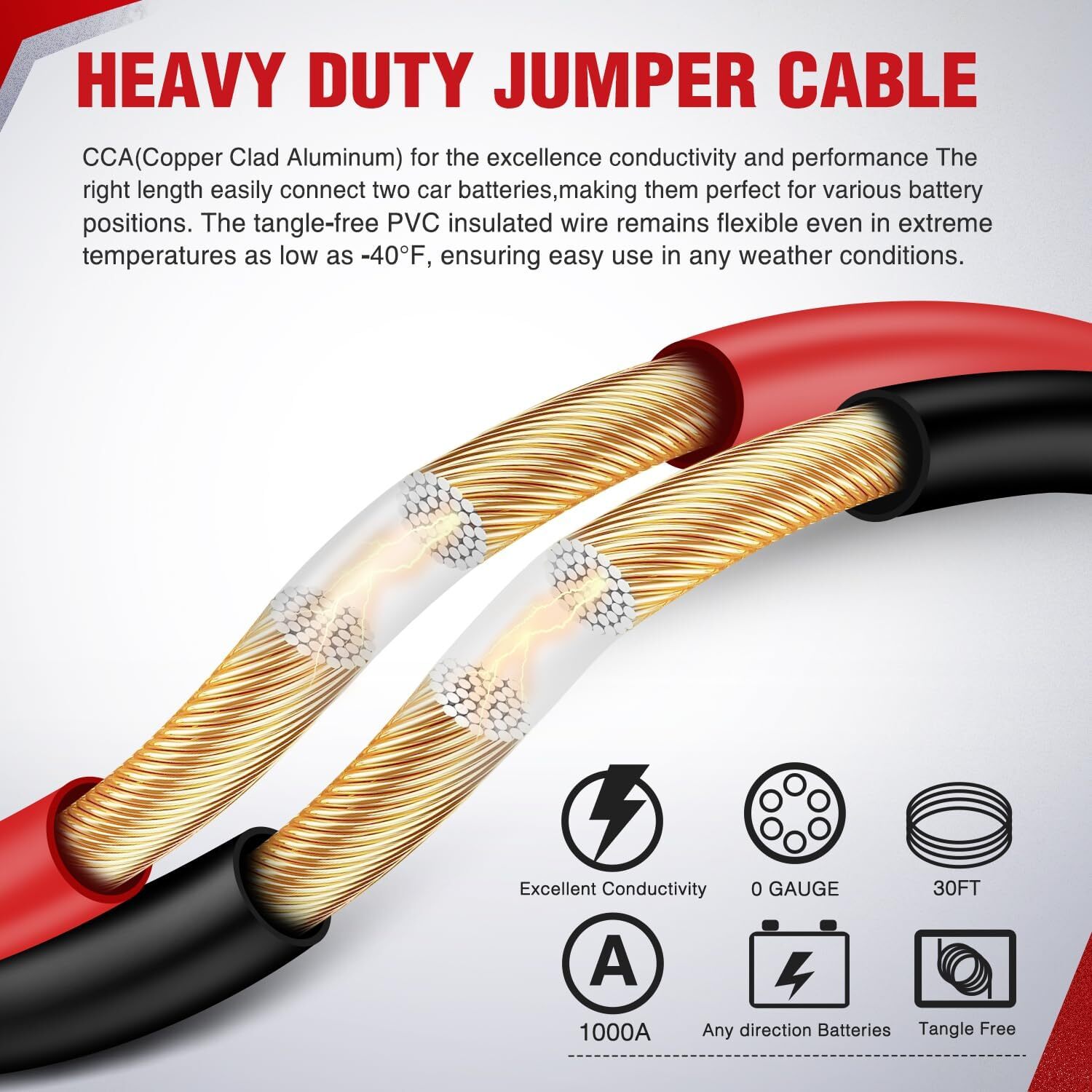 Nilight Jumper Cables for Car Battery 0Gauge 30FT Booster Cable Heavy Duty 1000A