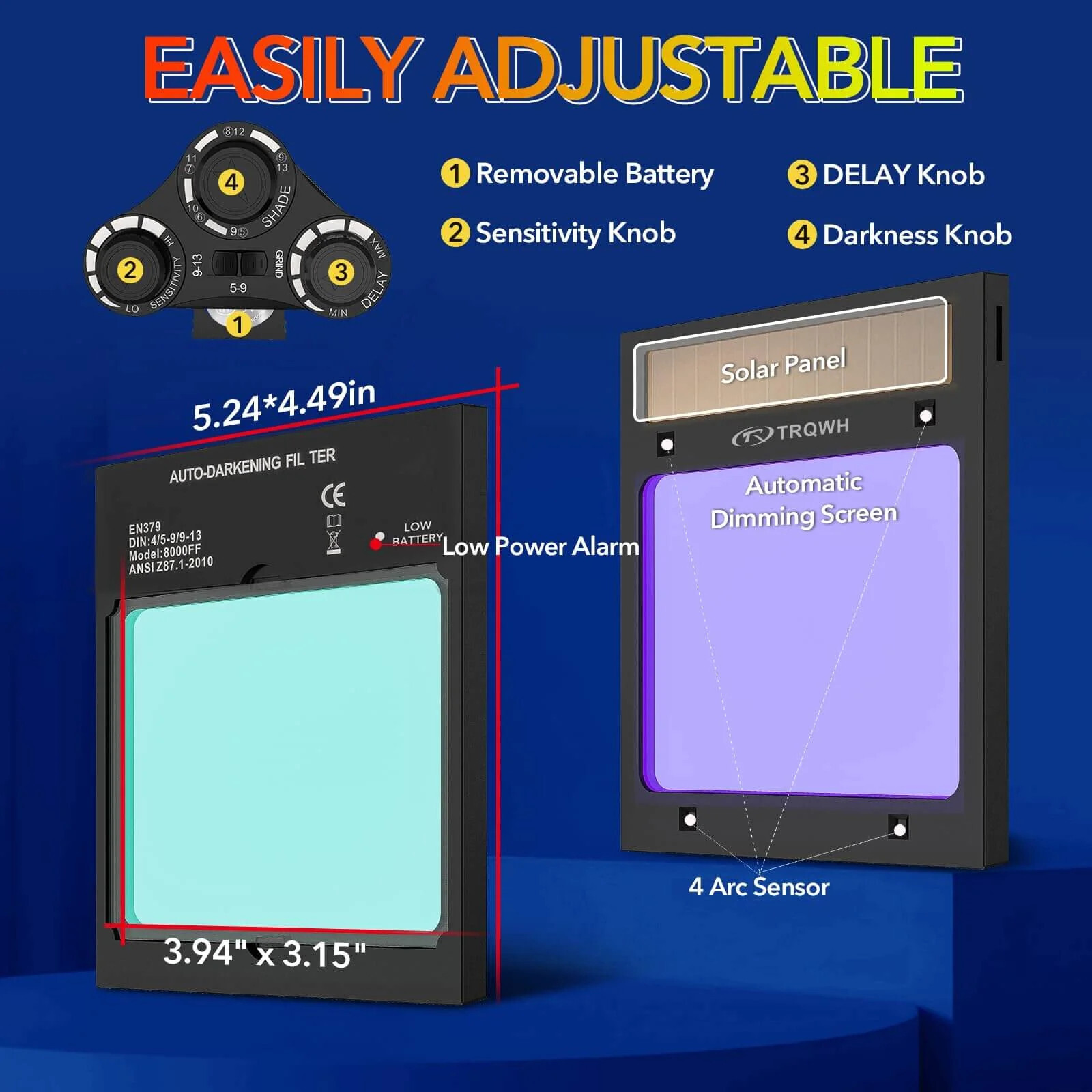 TRQWH True Color Welding Helmet Auto Darkening Solar 4 Arc Sensor Large View