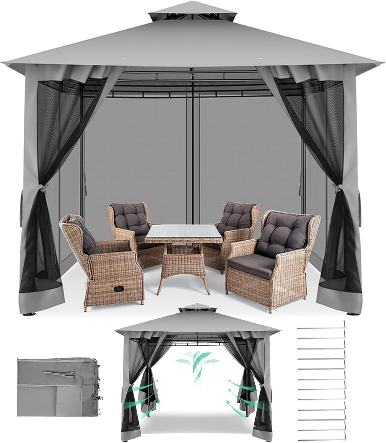 10x10 Patio Gazebo with Mosquito Netting Heavy Duty BBQ Canopy Tent Double Roof