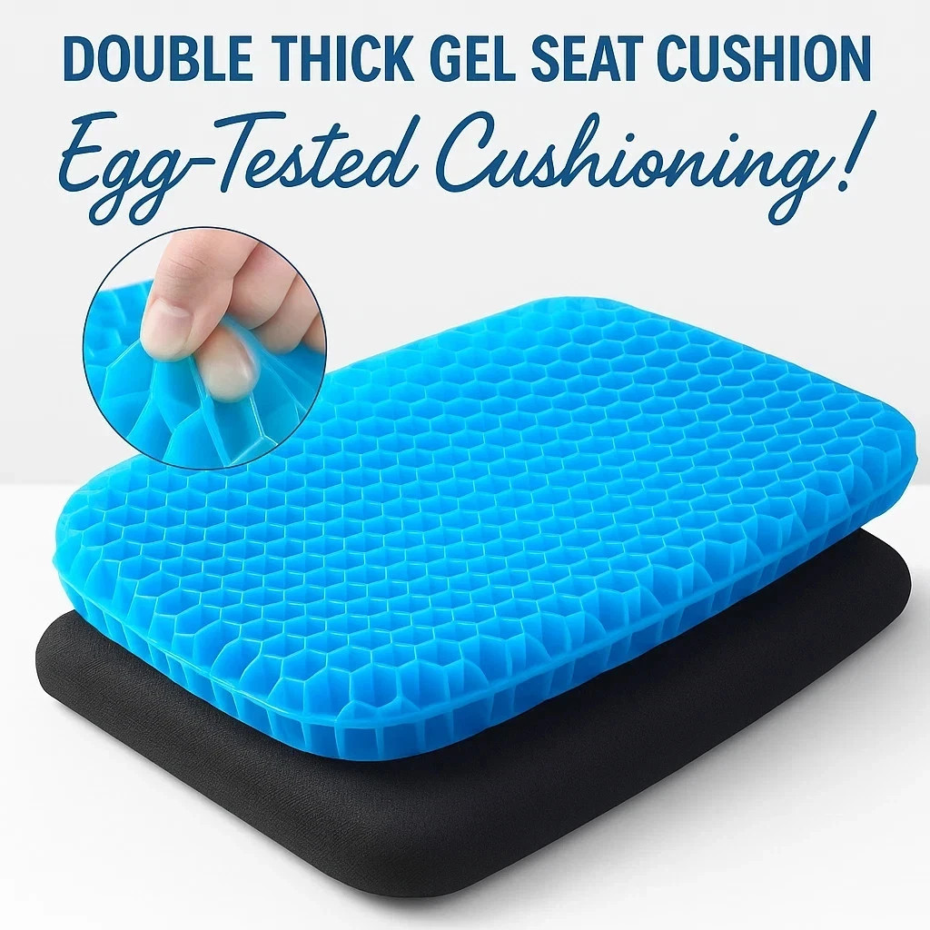 Double Thick Gel Seat Cushion with Non-Slip Cover | Breathable Comfort