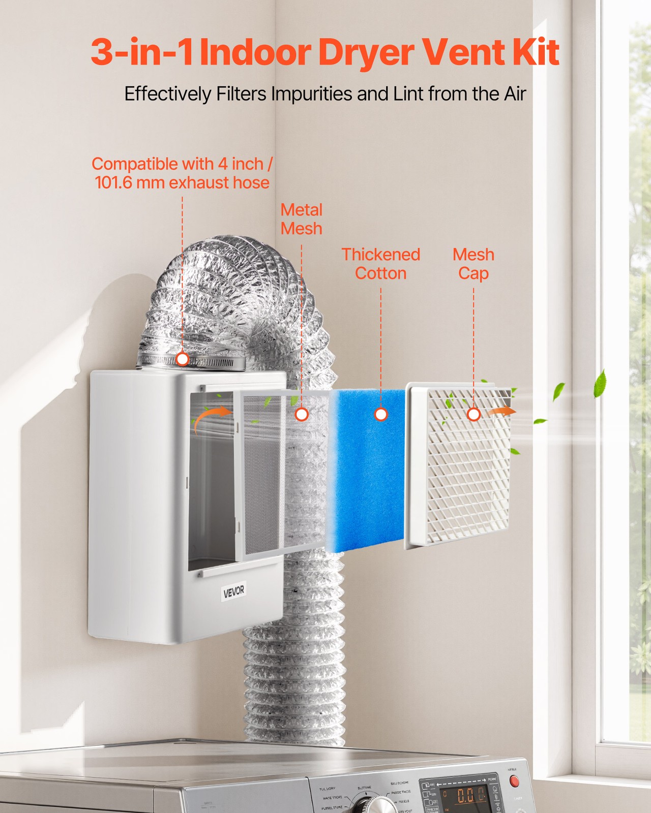 VEVOR 3 in 1 Indoor Dryer Vent Kit ABS Material Fits 4 Inch Exhaust Port