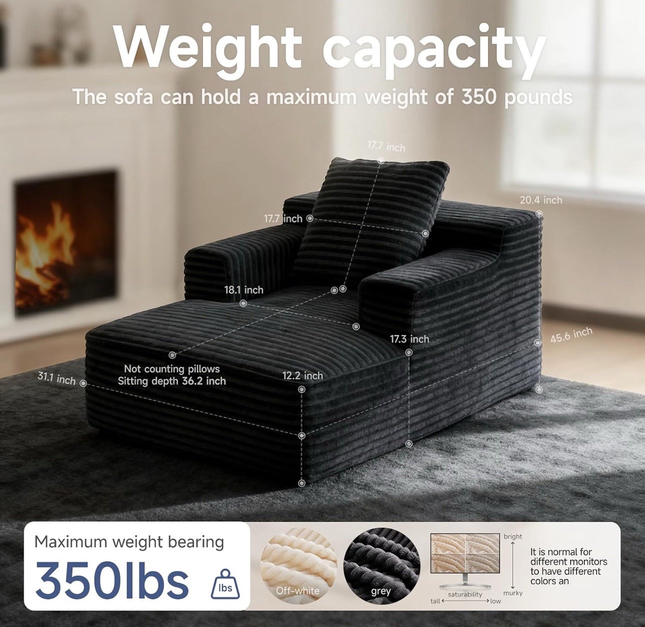 45'' Chaise Lounge Chair Indoor, Corduroy Upholstered Boneless Sofa Bed, Deep...