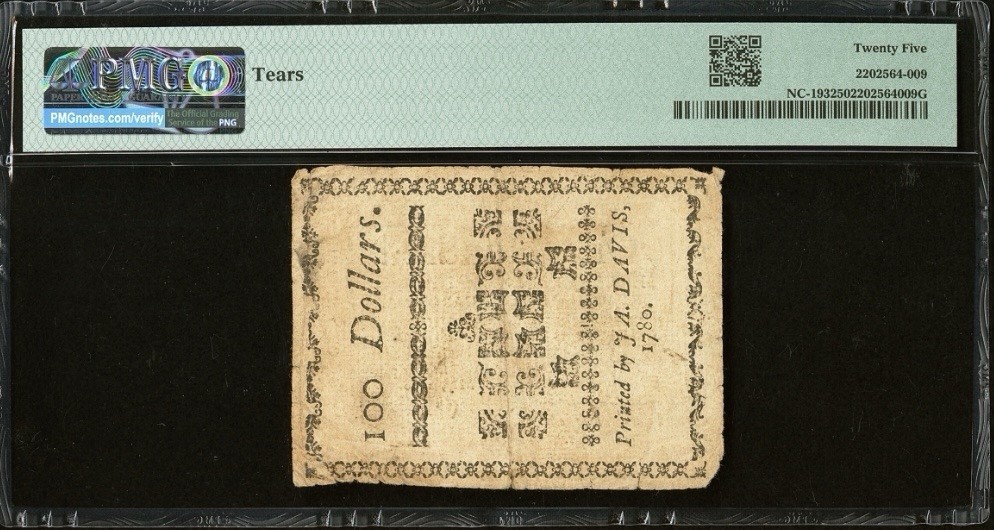 1780 NORTH CAROLINA $100 Colonial Currency American Revolt Bank Note NC-193, PMG