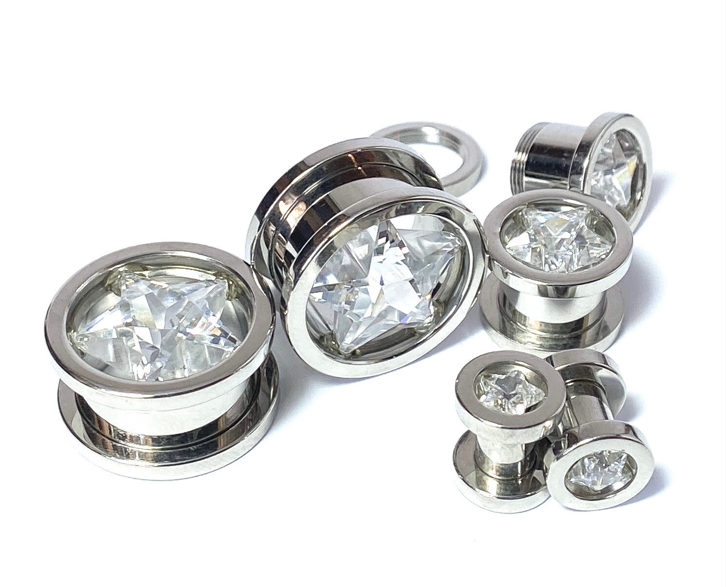 PAIR Star CZ Gem Screw Fit Tunnels Plugs Gauges Earlets Body Jewelry Piercing