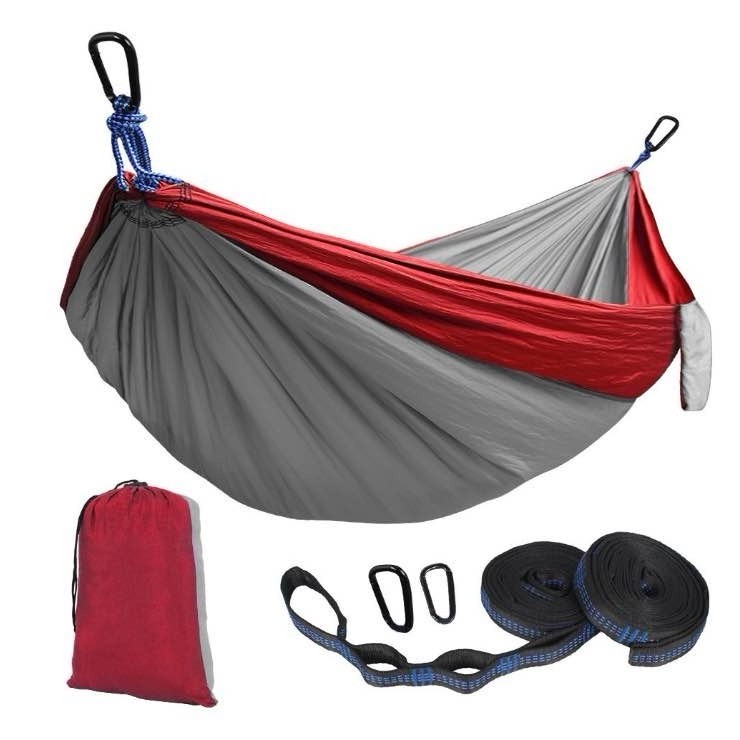 Two Person Double Outdoor Camping Parachute Nylon Hammock, Gray and Red