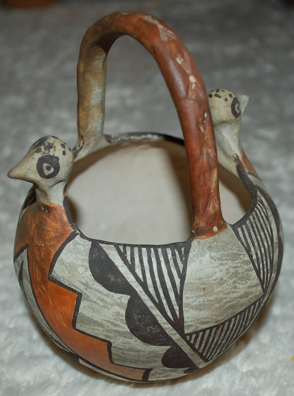 Early Isleta Double-Headed Pottery Bowl w/eight X engraved handle-1910-1920's