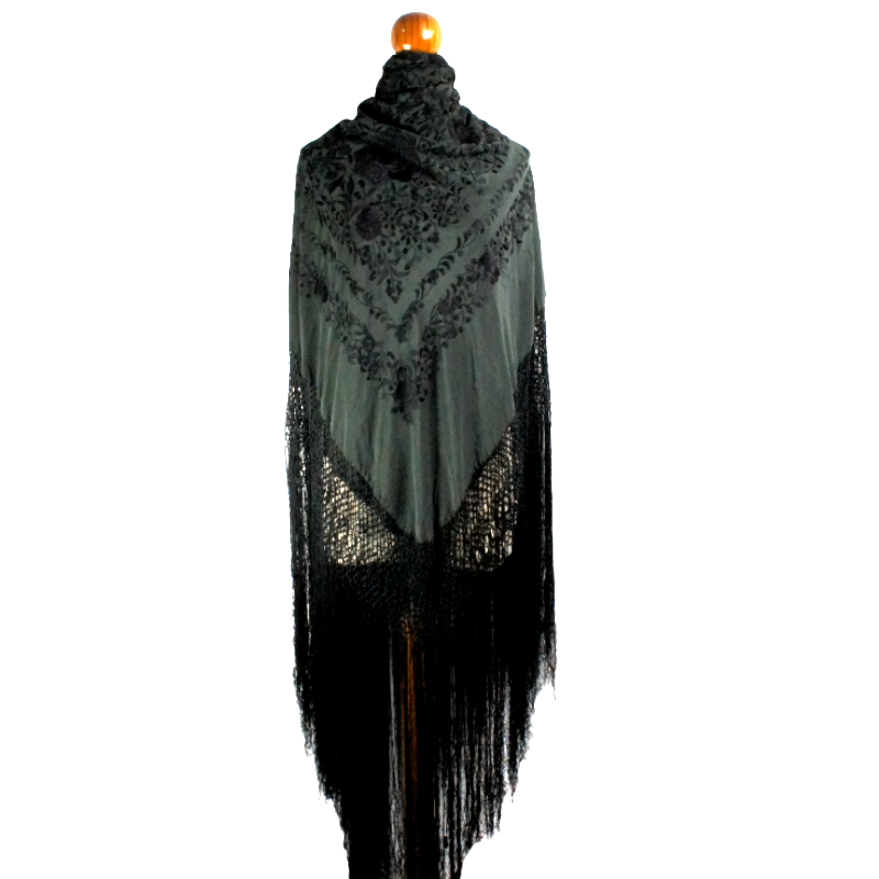 Antique Silk Shawl Wrap Piano Scarf HAND EMBROIDERED FLORAL WITH FRINGE 51"inch
