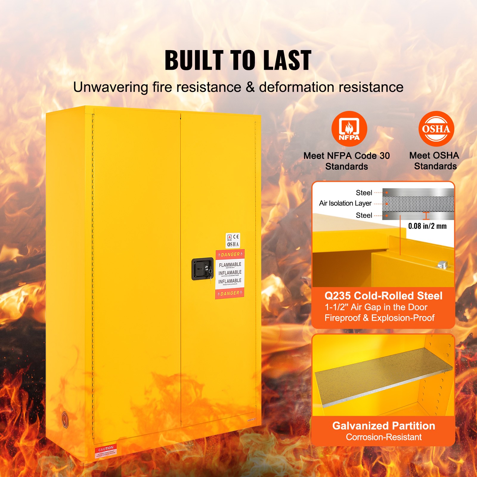 Flammable Safety Cabinet Liquid Storage 45 Gal 42.9x18.1x65.2 in Cabinet