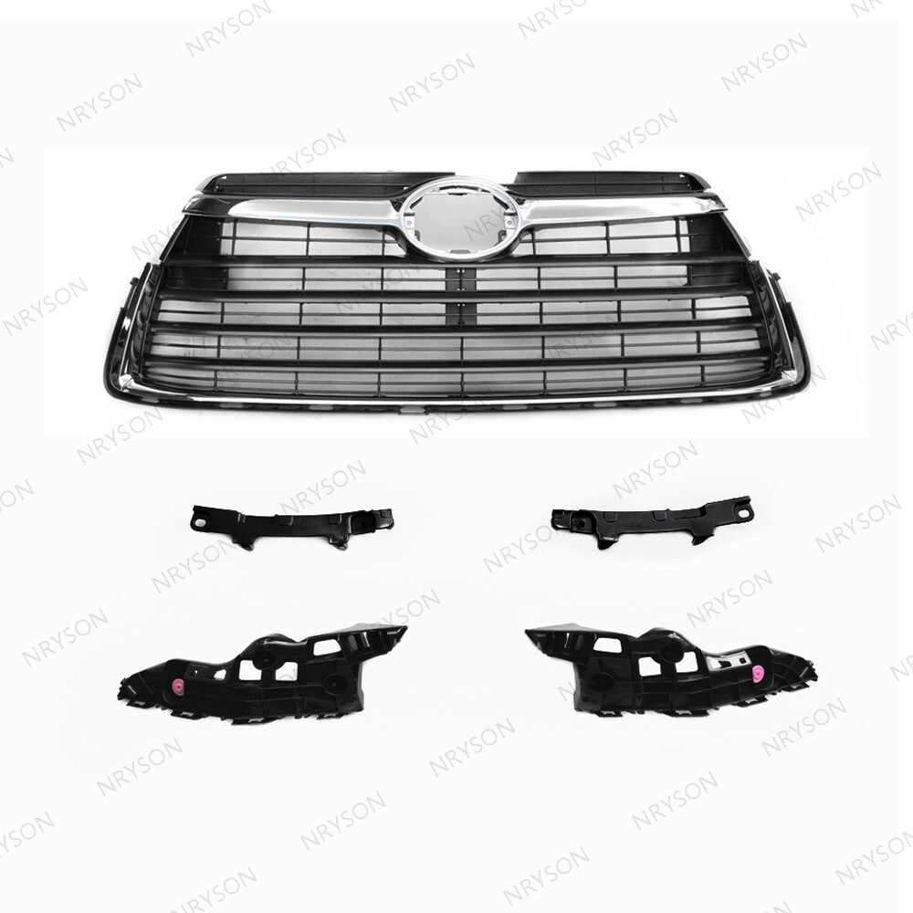 4 Bumper Retainer + Front Upper Chrome Gray Grille For Highlander 2014 2015 2016