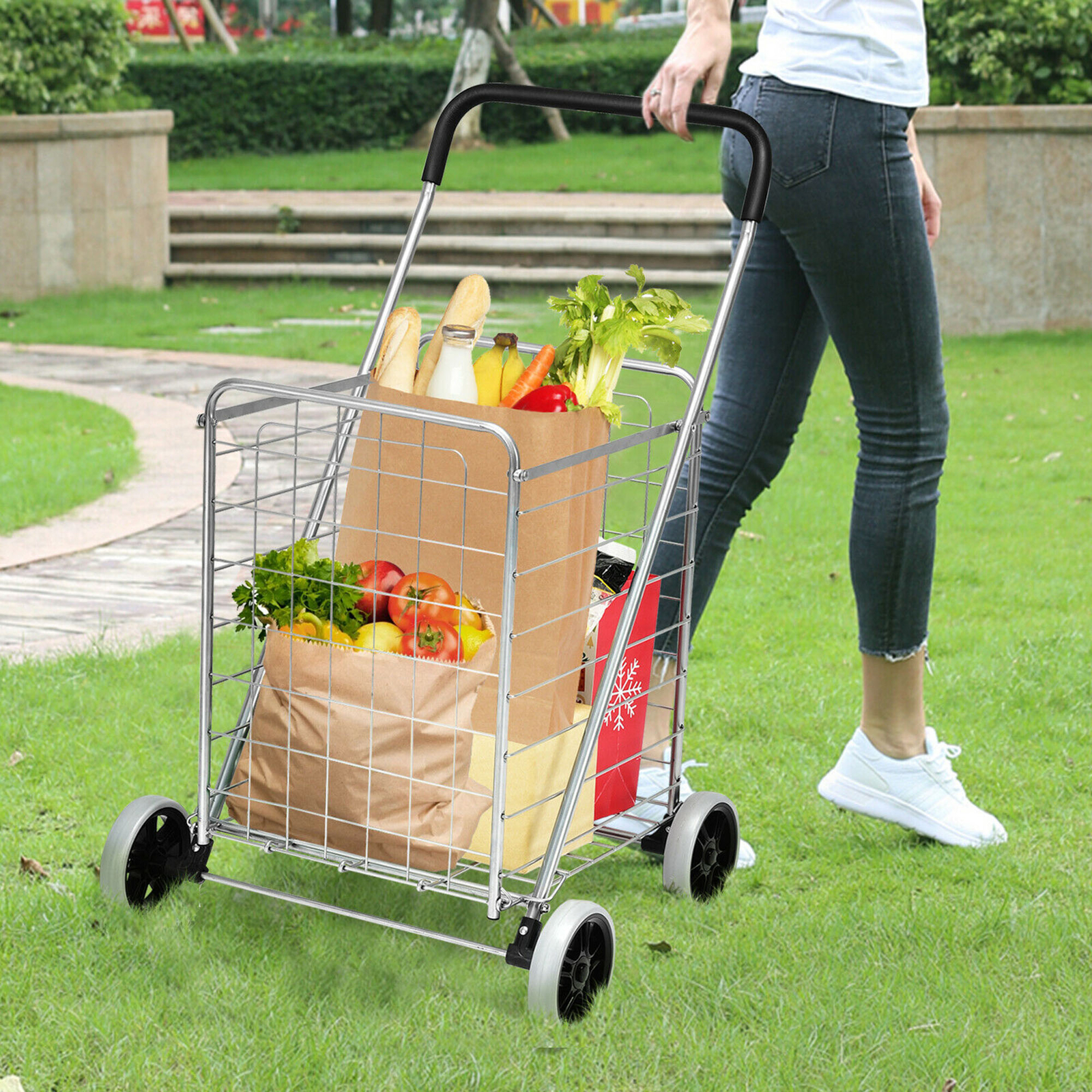 Folding Shopping Cart Utility Trolley Portable For Grocery Laundry Travel Silver