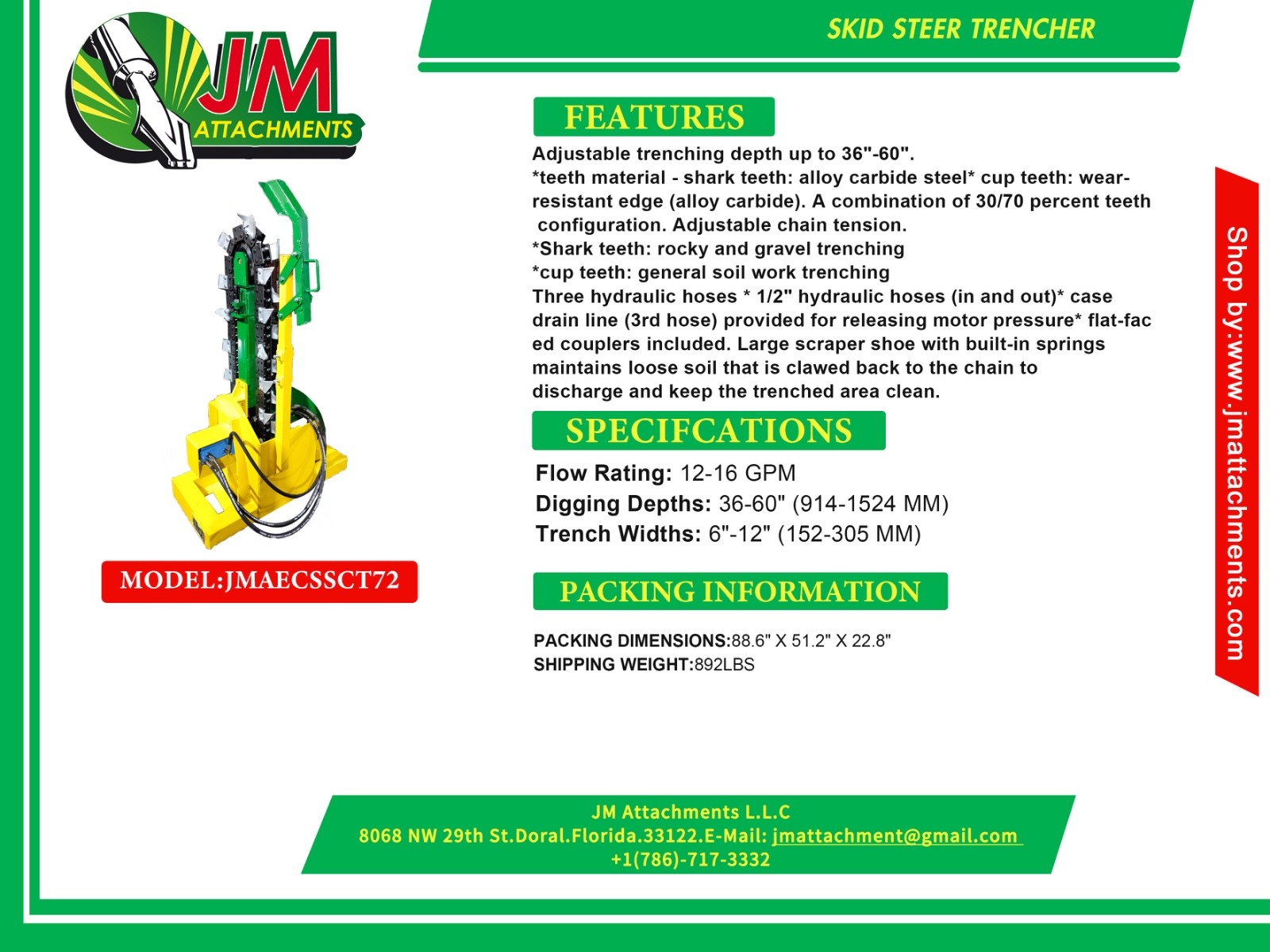 JMA 36" Trencher for Skid Steers with Adjustable Digging Depth