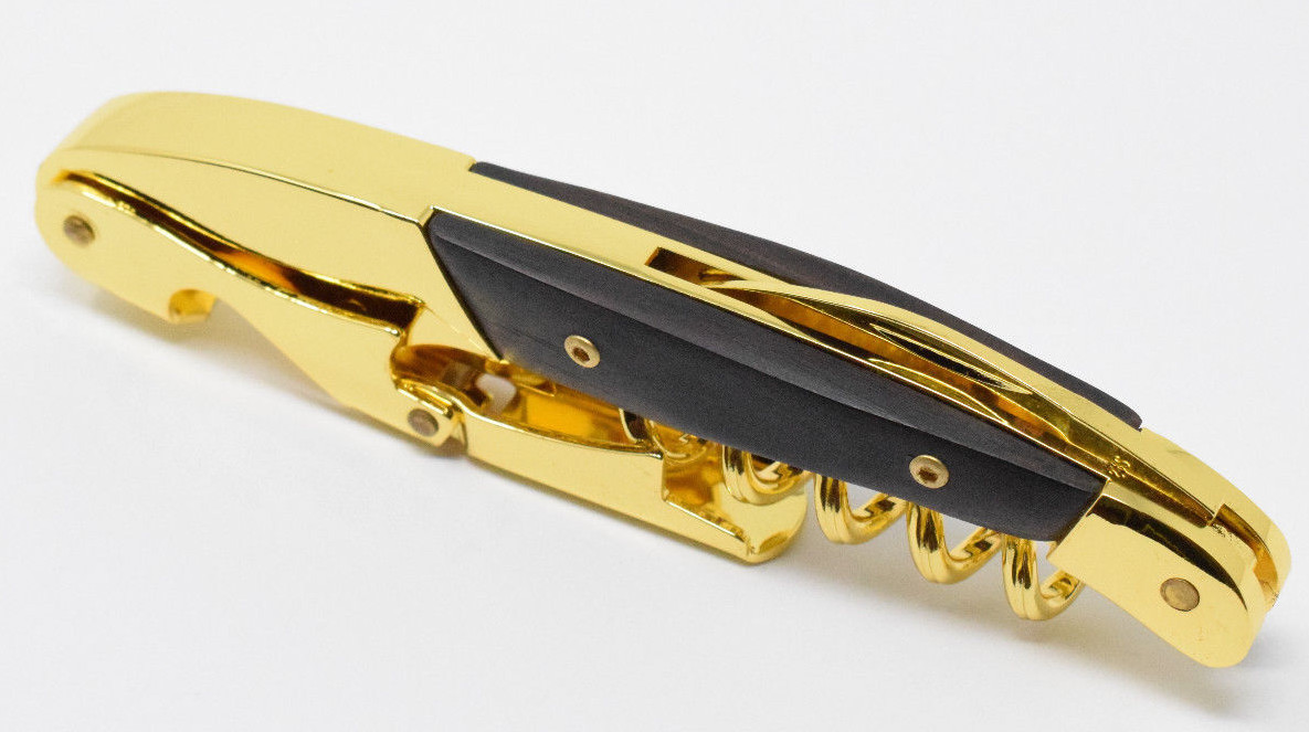 Gold Plated Black Wood Handle Corkscrew Double Hinge Waiters Wine Bottle Opener