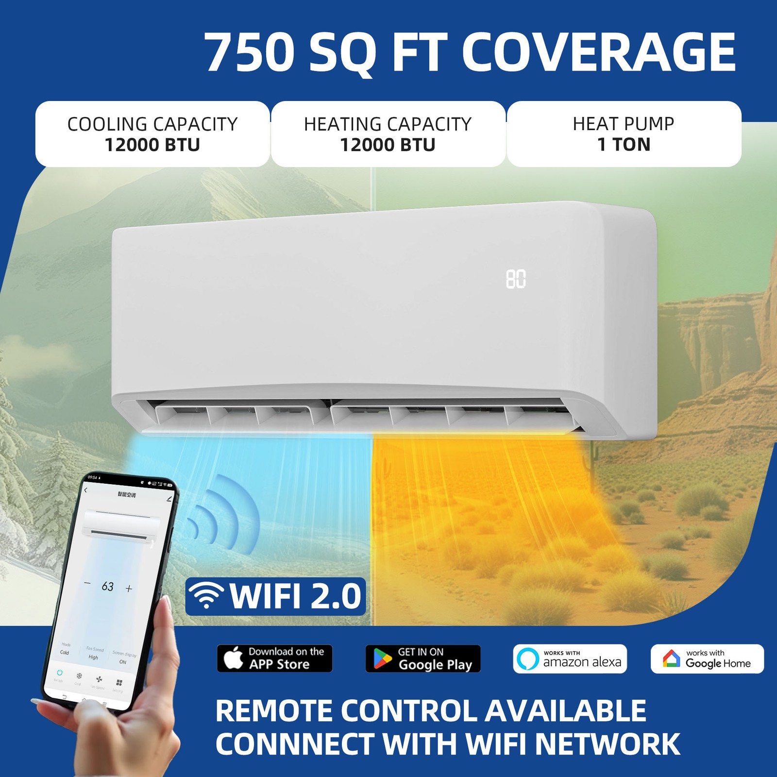 12,000 BTU Mini Split AC/Heat Pump, Ductless WiFi Ready 115V SEER2-22 Comfort