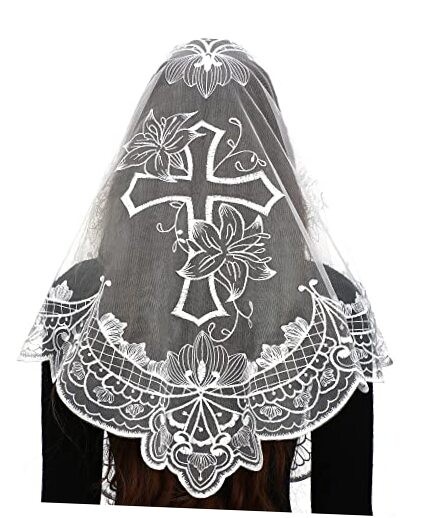 Catholic Mantilla Mass Veil - Triangle Cross Embroidery Church Lace White-1