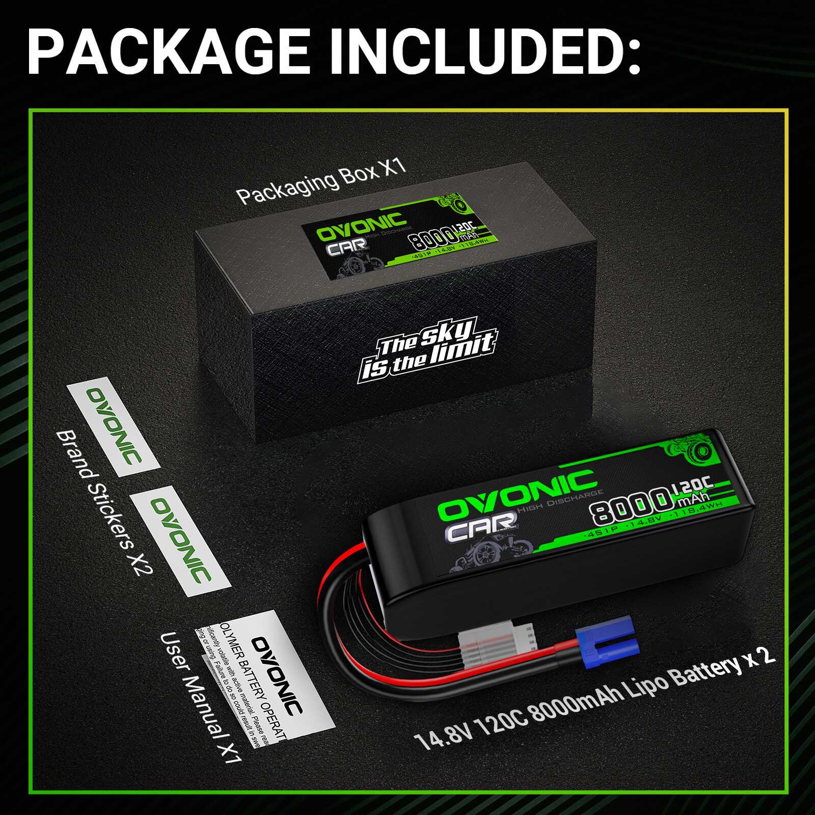 2X Ovonic 14.8V 120C 8000mAh 4S LiPo Battery EC5 For Arrma Outcast Truck Buggy