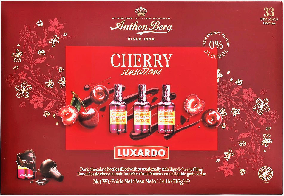 ANTHON BERG CHERRY SENSATIONS LUXARDO - 33 DARK CHOCOLATE BOTTLES W/ CHERRY FILL