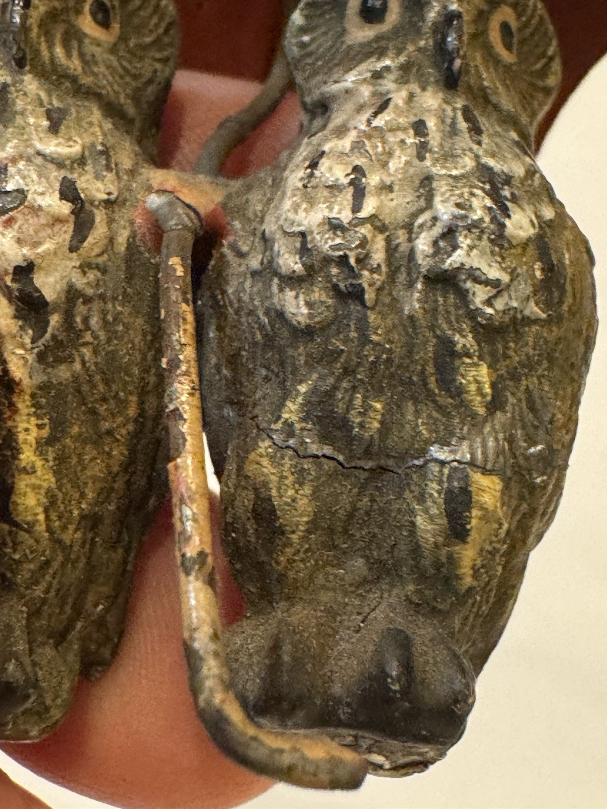 Antique Austrian Bronze Pair of Owls with Red Umbrella- Hand Painted 2in